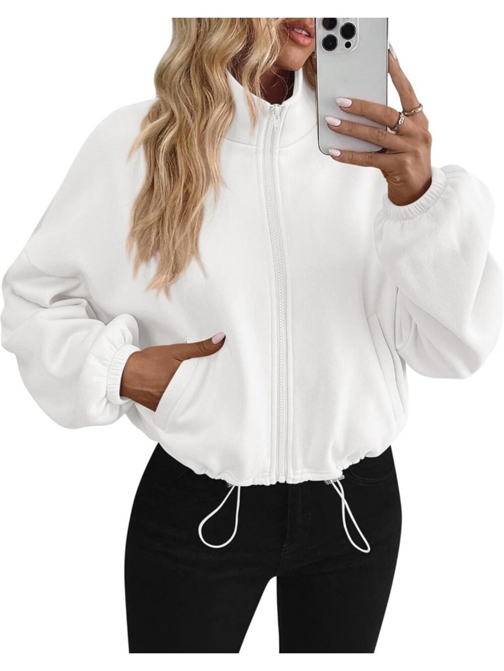 Women's White Long Sleeve Mock Neck ZIP Up Cropped Jacket Fleece Sweatshirt